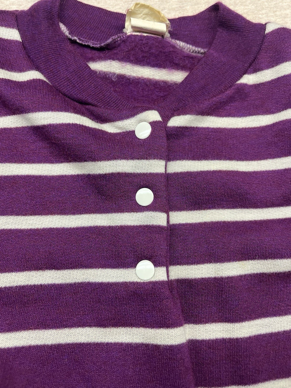 1970s, 80s Women’s Purple & Wht Striped L Sleeve Sweater Padded Shoulders