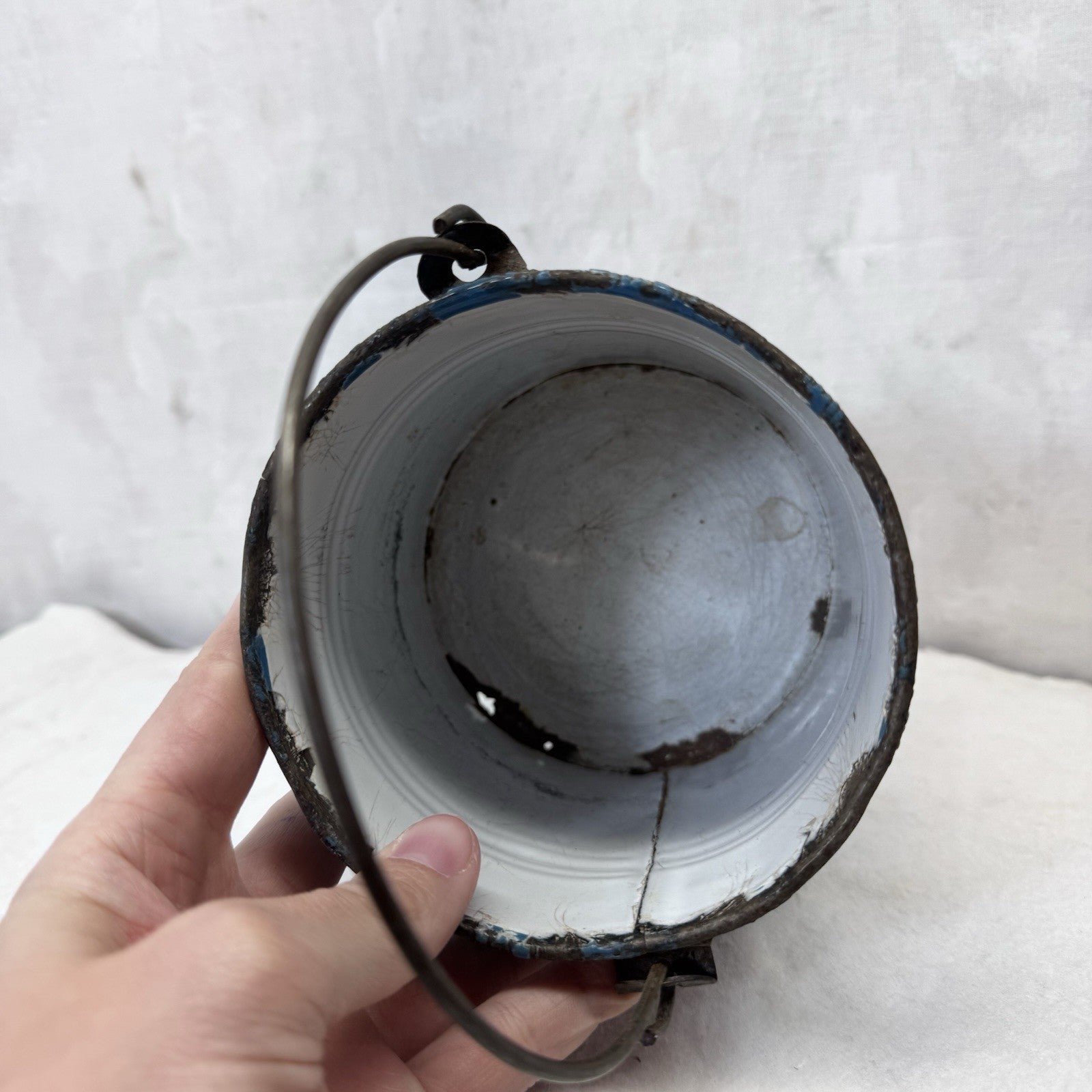 Blue White Swirl Mottled Splatter Enamelware Mini Berry Bucket Vintage