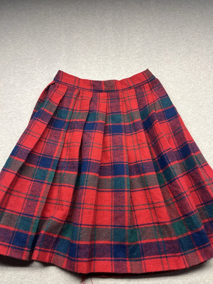 1960-70s Red Pleated  Plaid Wool Skirt