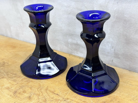 Cobalt Blue Pair Of Candle Holders Vtg #1275