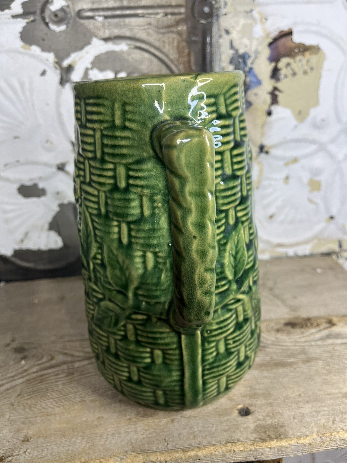 Primitive Antique Greenware Basket Weave Pitcher, Collectible,home Decor 