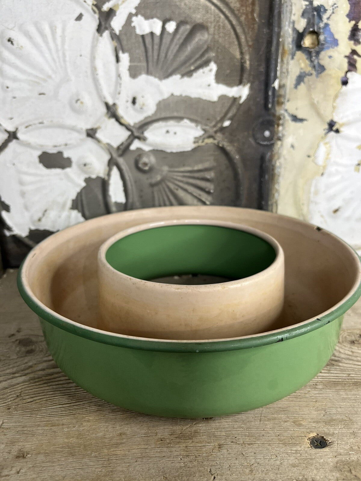 antique vintage enamelware green And Pink Jello Mold Bundt Pan