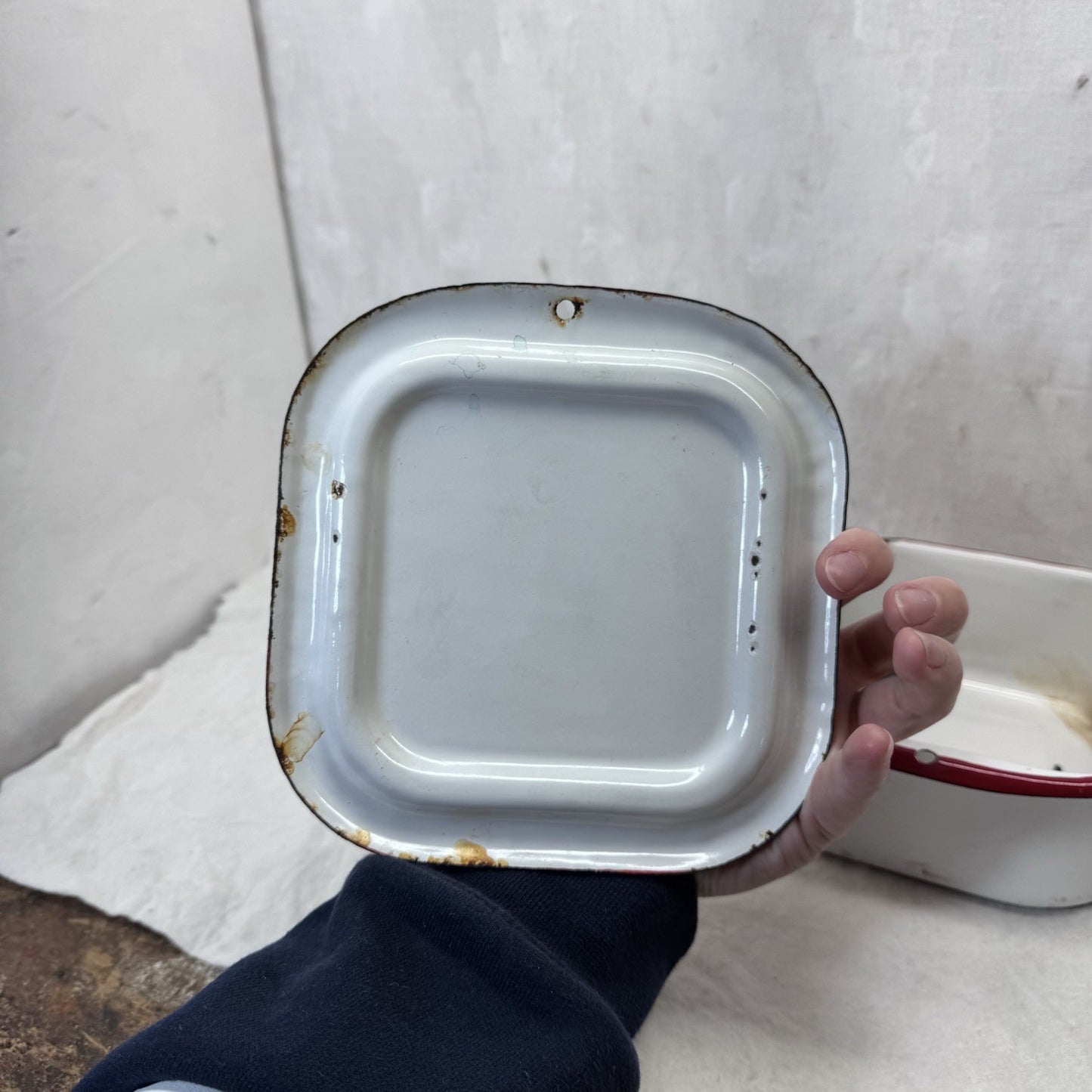 Red And White Enamelware Butter Fridge Dish Vintage