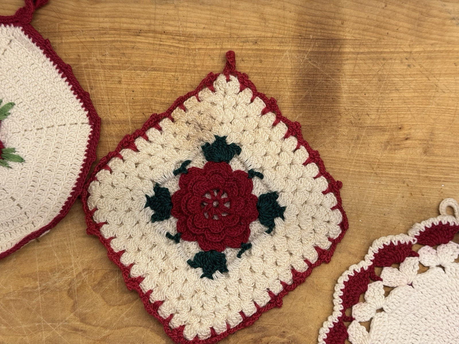 Handmade Crocheted 3 Potholders Vtg #1380