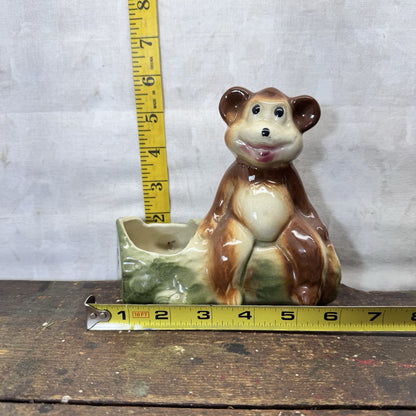 Bear On Log Planter Vintage Ceramic