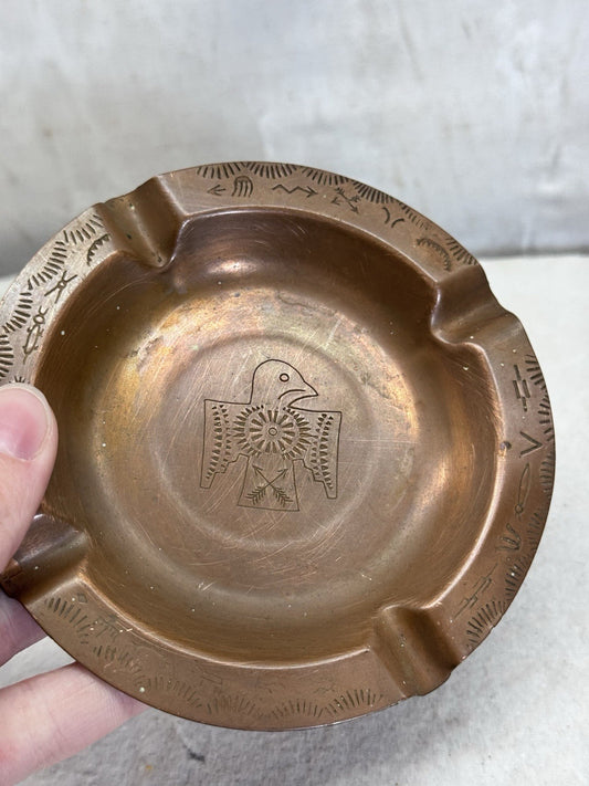 Thunderbird Copper Ashtray Navajo Old Pawn Stamp Hammered Vintage Fred Harvey