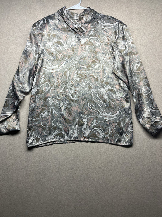 1980s Women’s 3/4 Sleeve  Brown Print Nylon Top Padded Shoulders