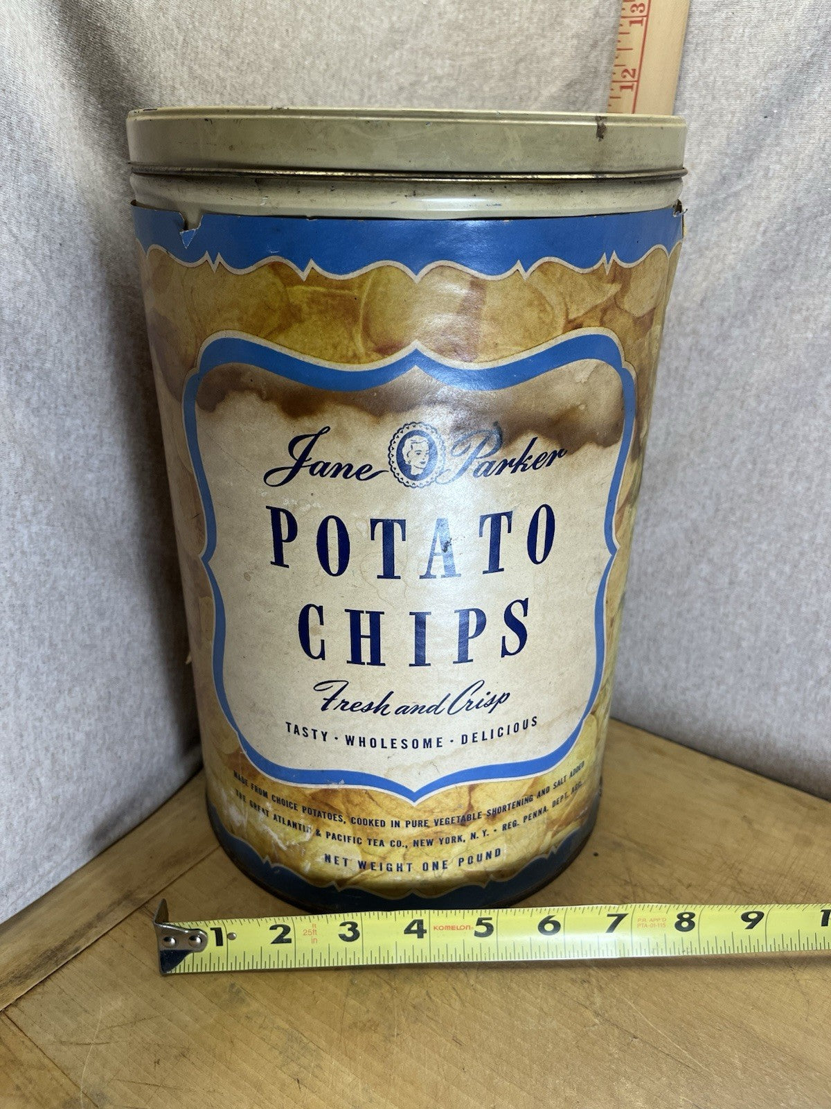 Vintage A&P Jane Parker Potato Chips Tin Canister 1 lb Copper