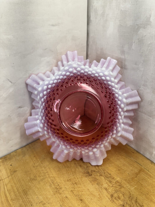 Vintage Fenton Cranberry Glass Bowl Dish Hobnail Opalescent Ruffle #1335