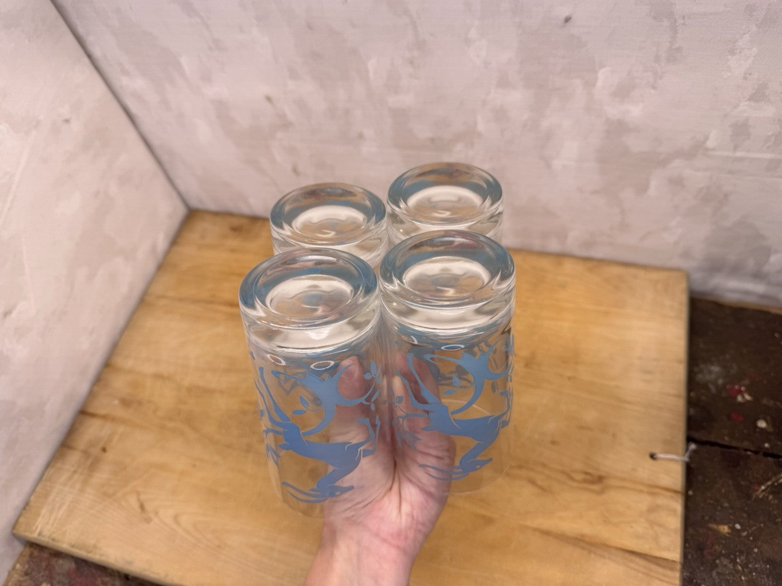 Blue Reindeer Set Of Four Clear Glass Vintage #1210