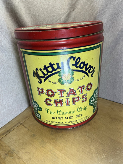 Vintage Kitty Clover Potato Chip Tin 14oz 1983 RED Retro Advertising