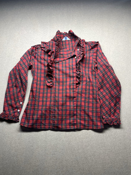 1970s, 80s Women’s Red Plaid Western L Sleeve Cotton Ruffles Top