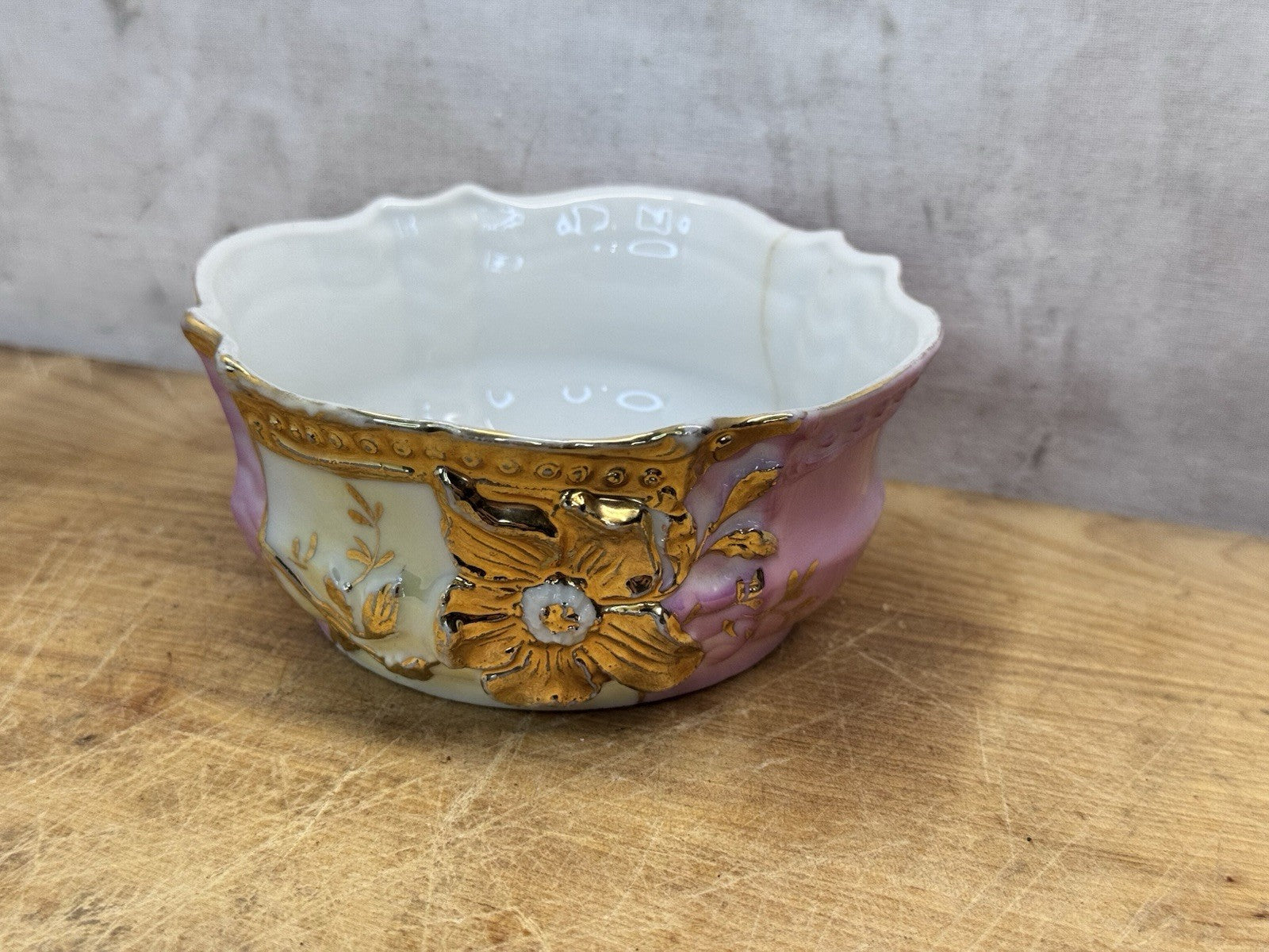 Porcelain Decorative Bowl Gold Painted Accents Pink Antique #1430