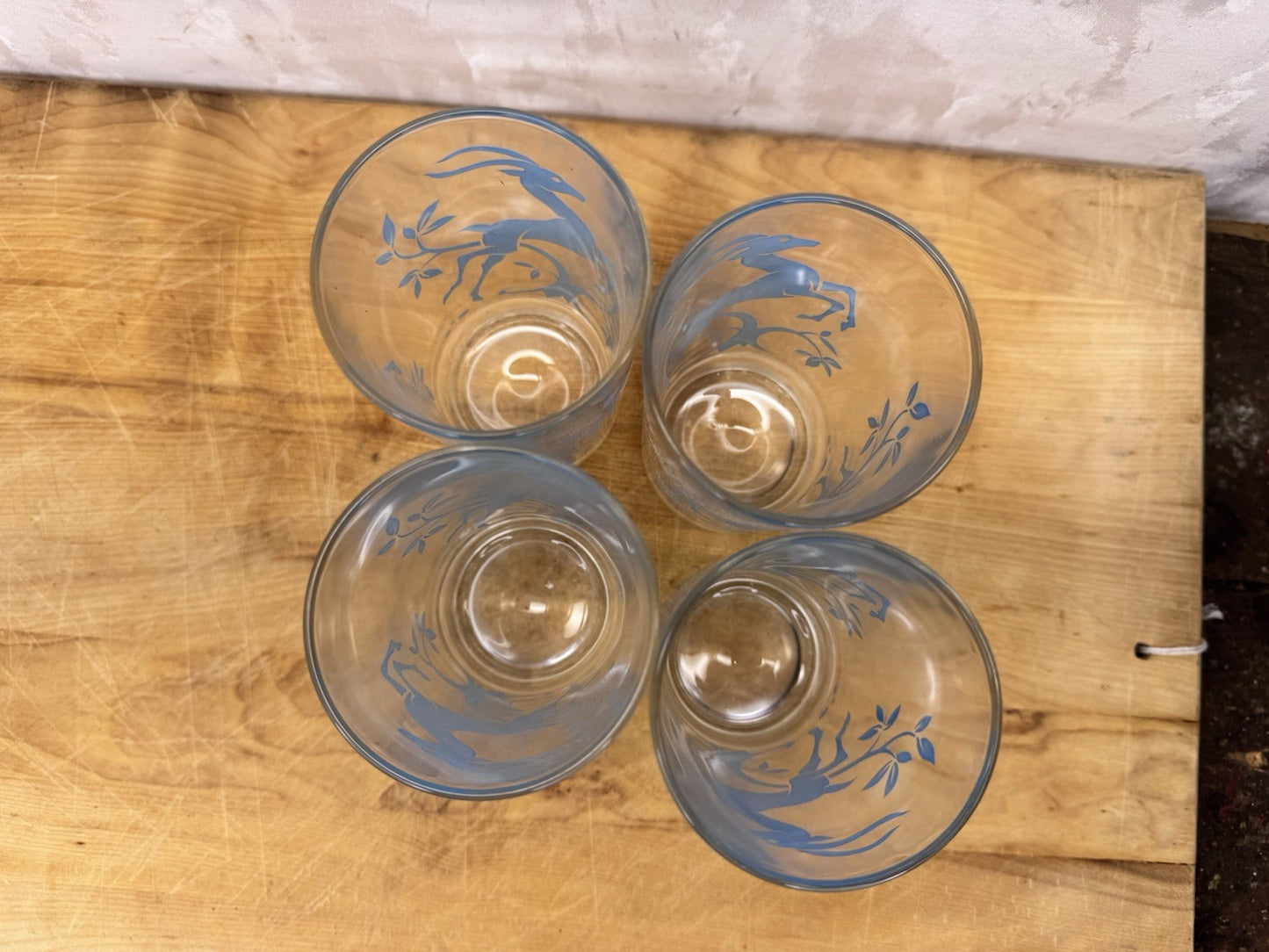 Blue Reindeer Set Of Four Clear Glass Vintage #1210