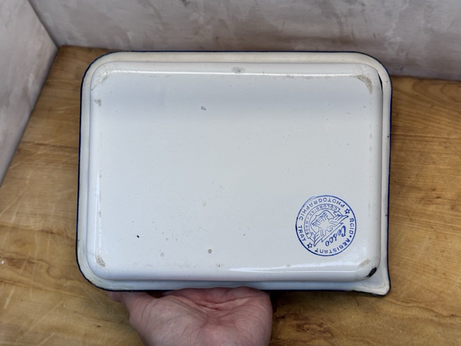 White And Blue Enamel Photography Tray Antique #1305