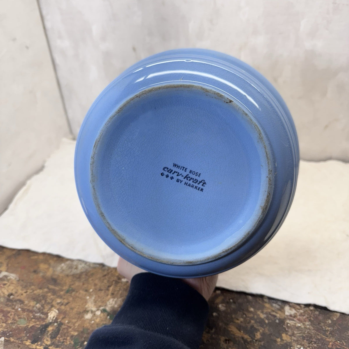 Blue Harker White Rose Carv-Kraft Cameoware Pottery Casserole Vintage