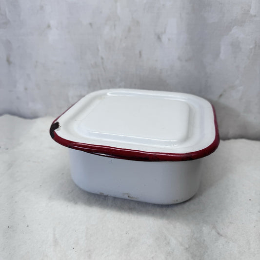 Red And White Enamelware Butter Fridge Dish Vintage