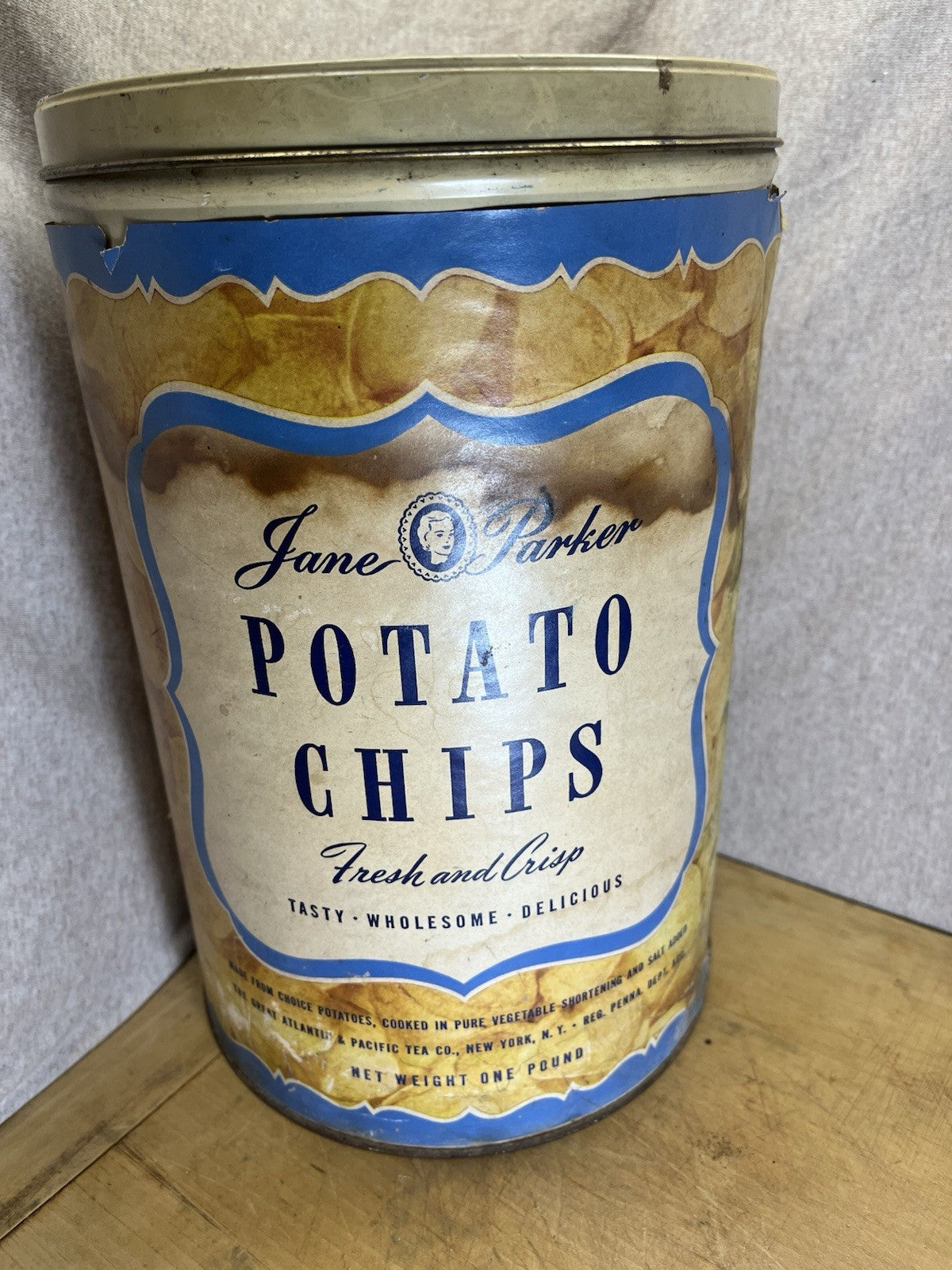 Vintage A&P Jane Parker Potato Chips Tin Canister 1 lb Copper