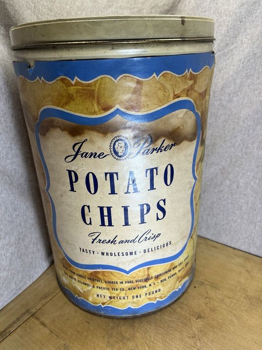 Vintage A&P Jane Parker Potato Chips Tin Canister 1 lb Copper