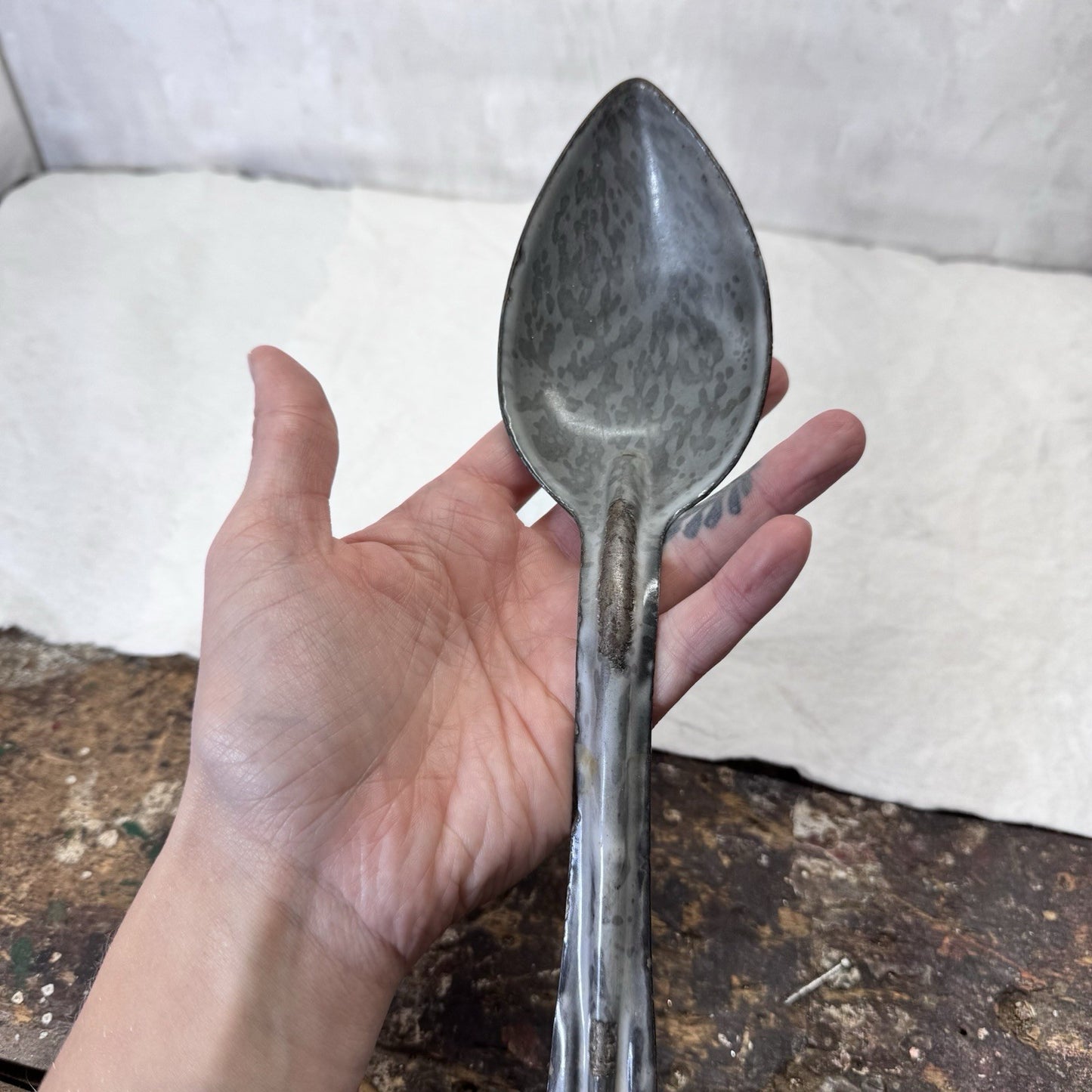 Gray Swirl Splatter Mottled Enamelware Spoon Vintage 