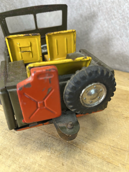Vintage Tin Friction Jeep W/ Toy Working Spring Howitzer Gun