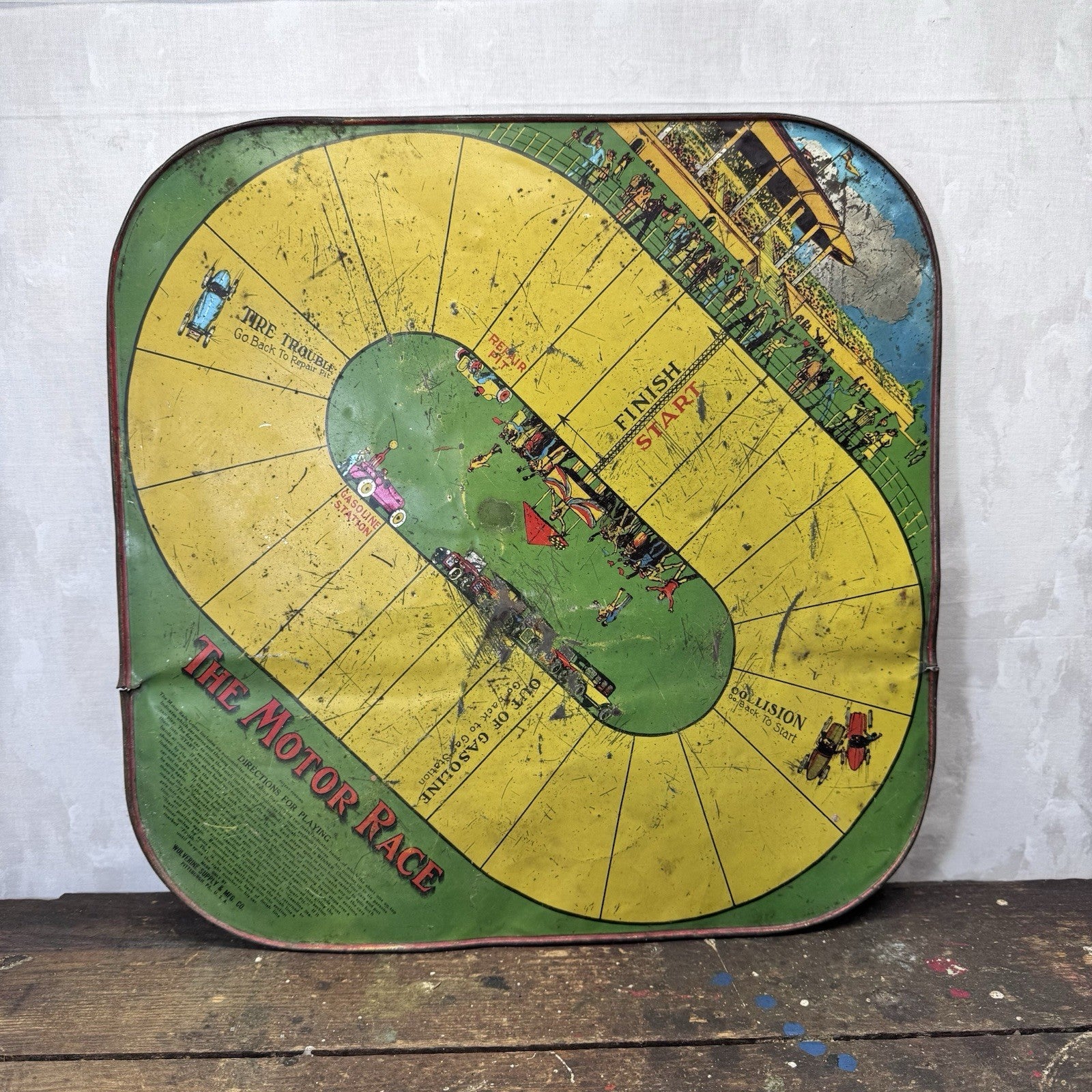 1920s Tin Litho Motor Race Board Double Sided Antique No Cars