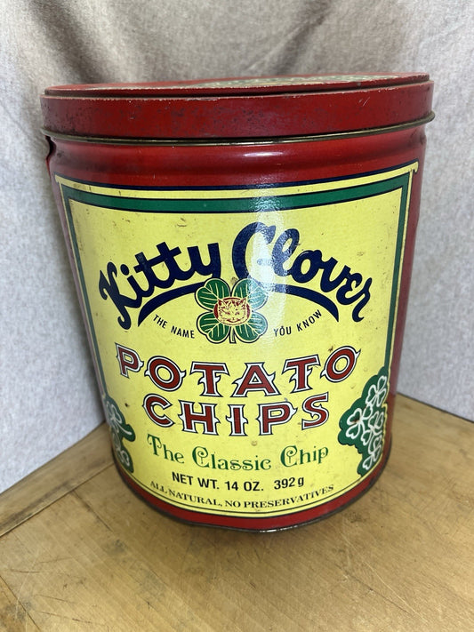 Vintage Kitty Clover Potato Chip Tin 14oz 1983 RED Retro Advertising
