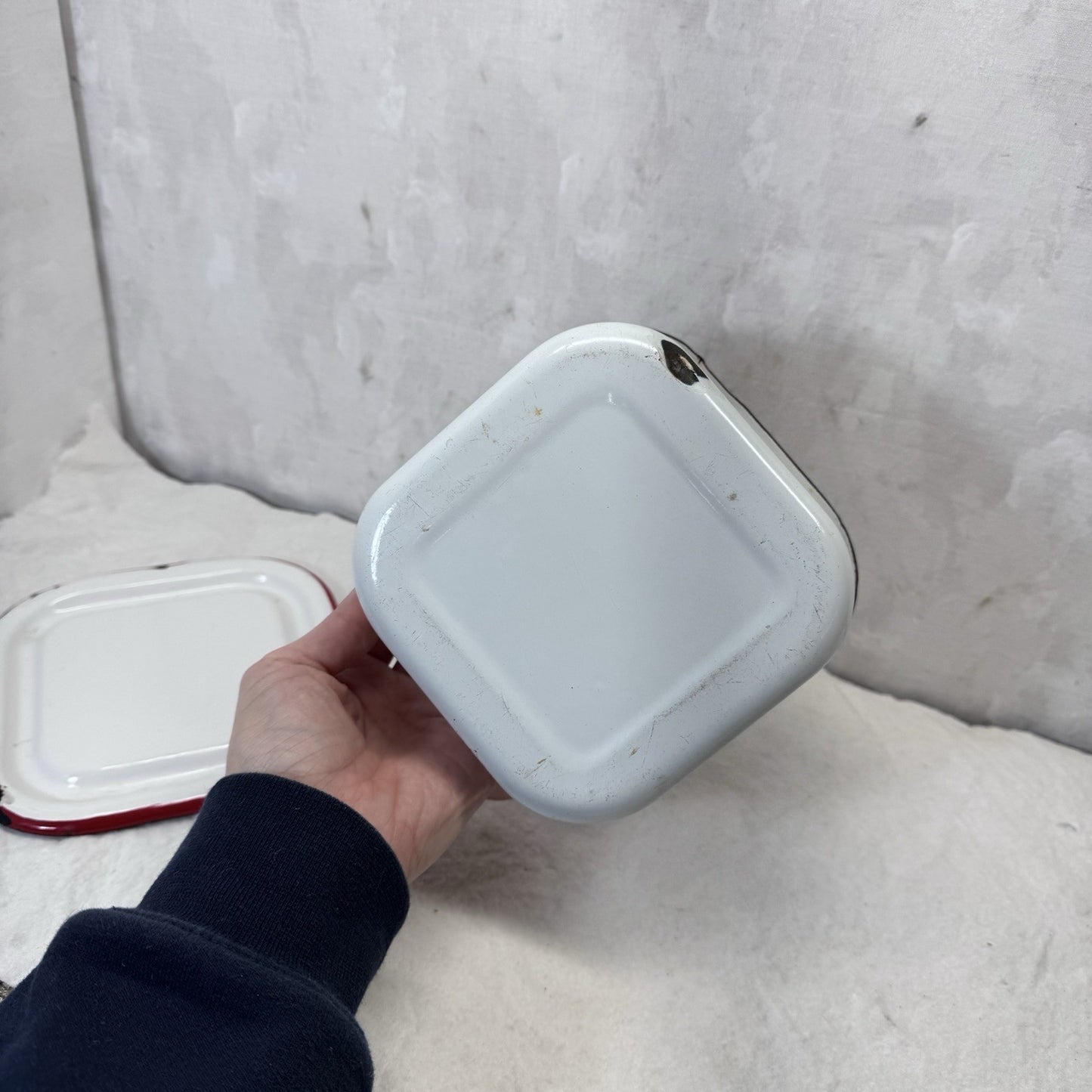 Red And White Enamelware Butter Fridge Dish Vintage