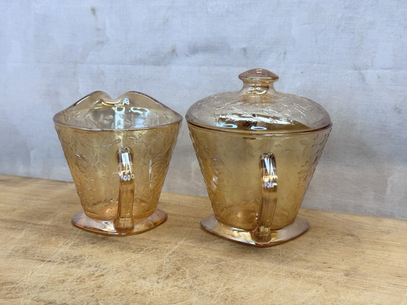 Vtg Jeanette Glass Floragold Louisa Creamer & Sugar Bowl With Lid #1447