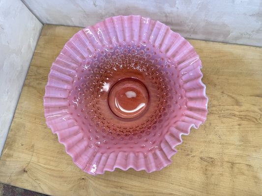 Vintage Fenton Cranberry Glass Bowl Dish Hobnail Opalescent Ruffle #1335