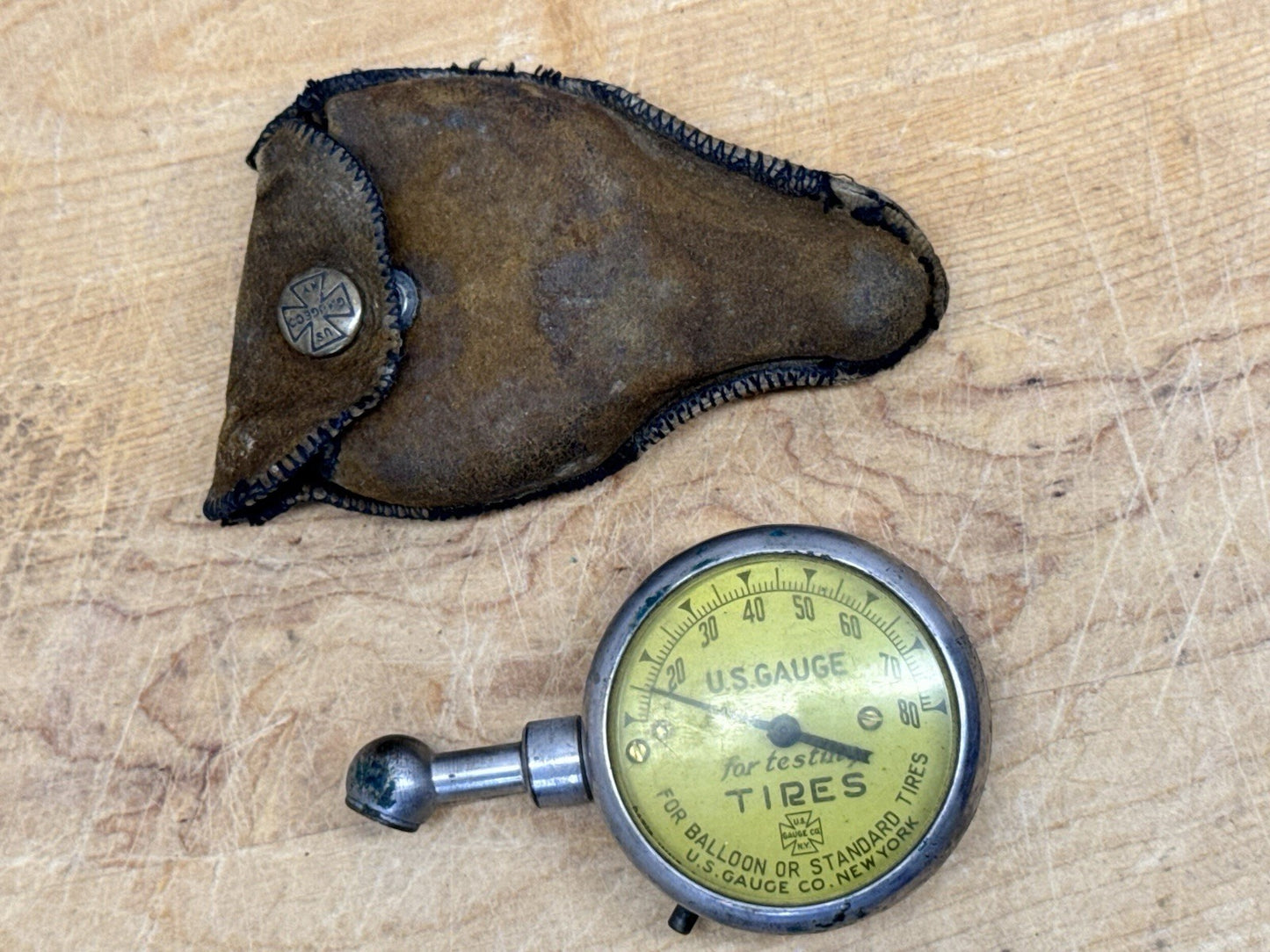Antique Bike  Tire Gauge With Leather Pouch #1129