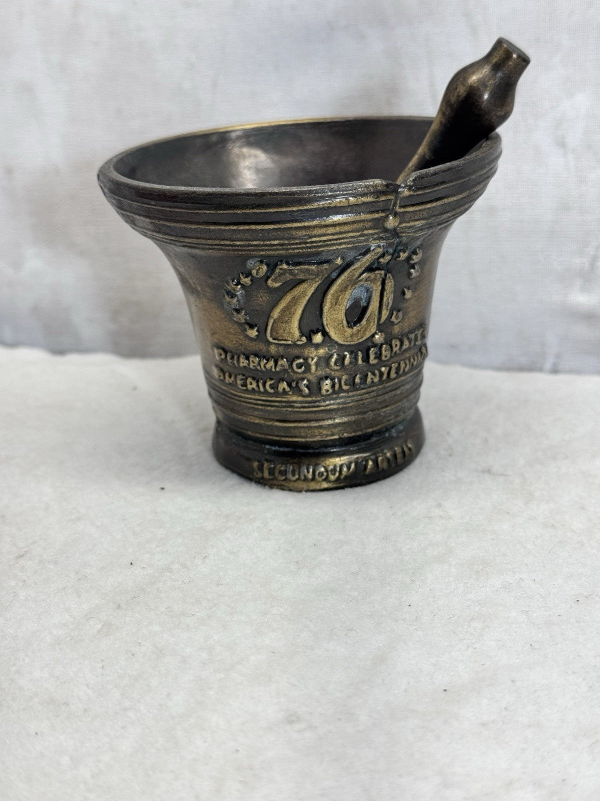 Vintage 1976 Bicentennial Celebration Brass Mortar & Pestle Rx Pharmacy