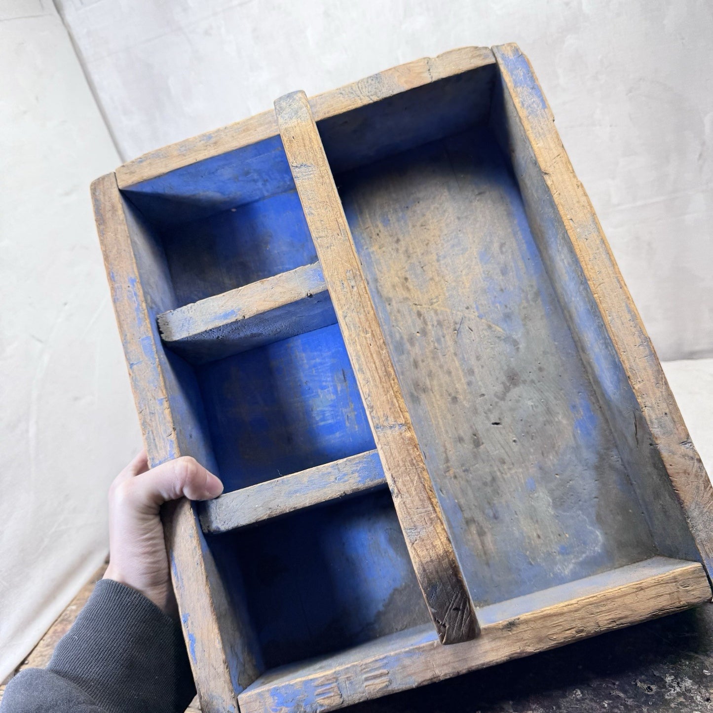 Blue Primitive Caddy Tote Wooden Cubby 