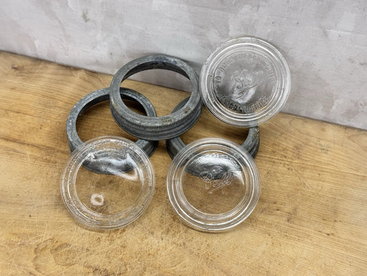Wide Mouth Mason Jar Rings With Glass Toppers 3 Antique #1524