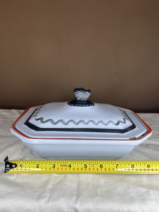Antique Vintage Cast Iron Enamelware Decorative Casserole Pan W/ Cover