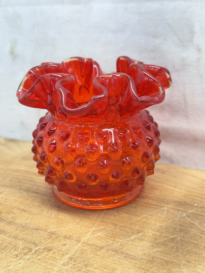 Vintage Fenton Hobnail Amberina Ruffled Bowl #1461