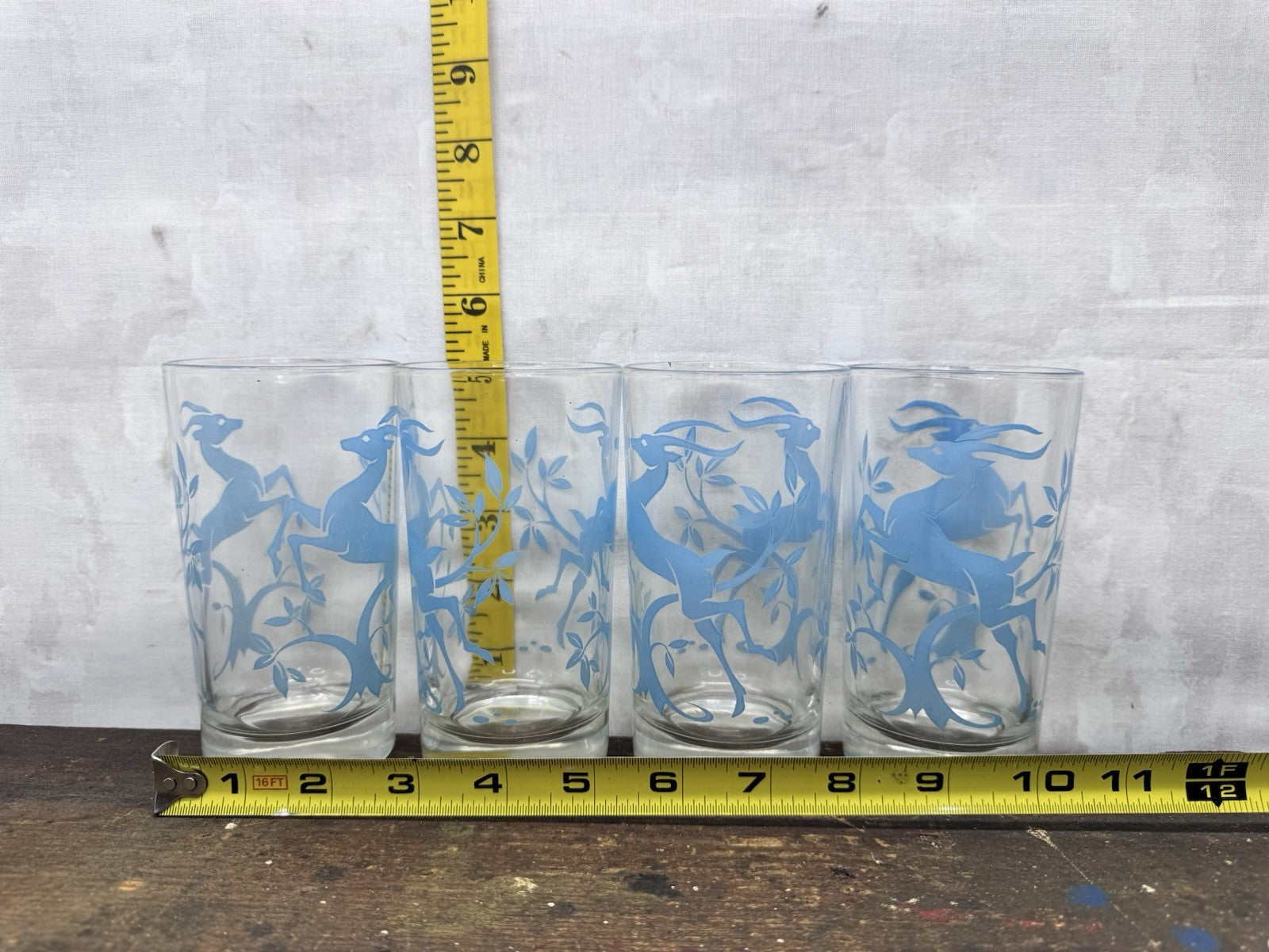 Blue Reindeer Set Of Four Clear Glass Vintage #1210