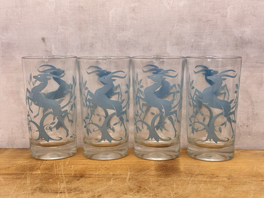 Blue Reindeer Set Of Four Clear Glass Vintage #1210