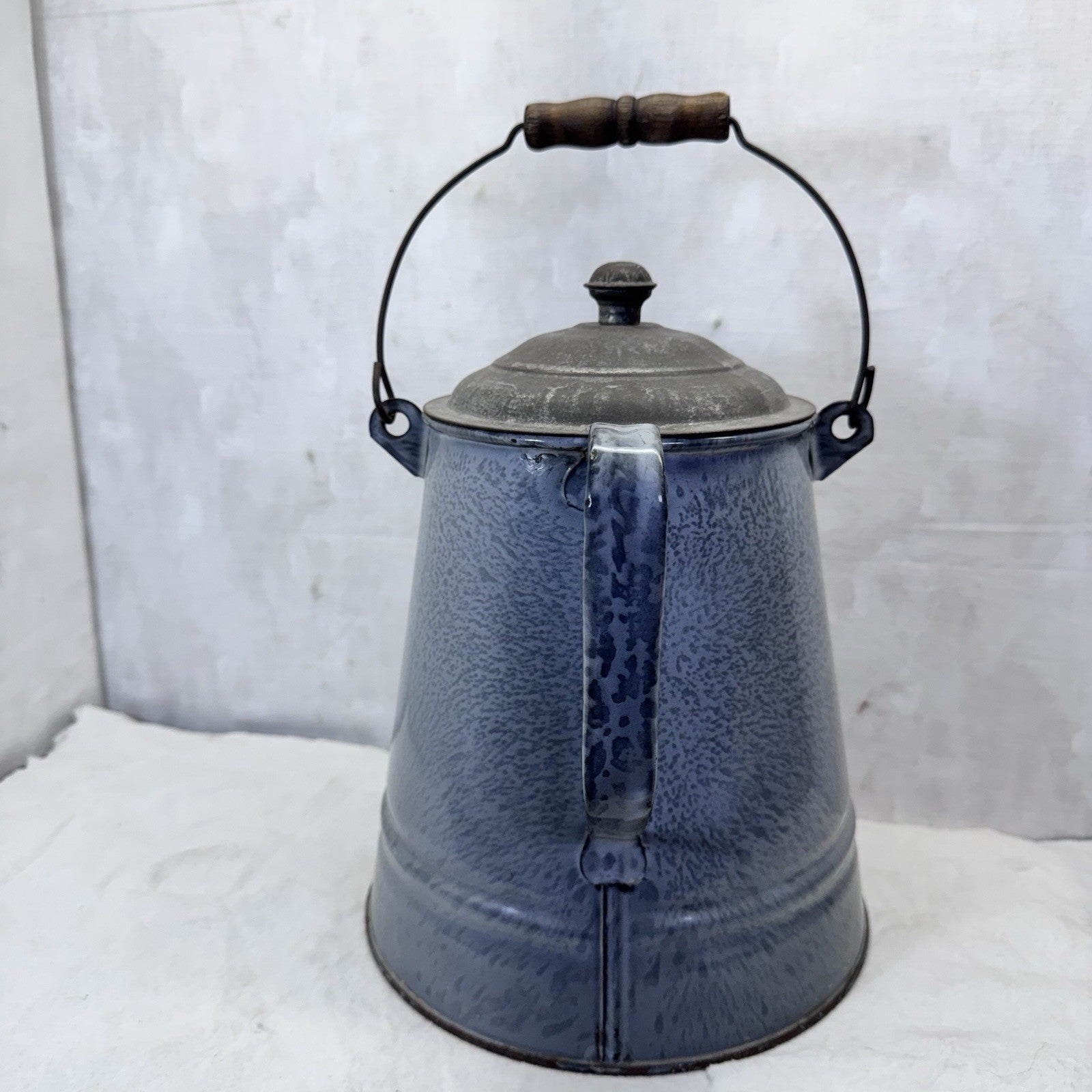 Grey Enamelware Splatter Swirl Mottled Coffee Pot Vintage