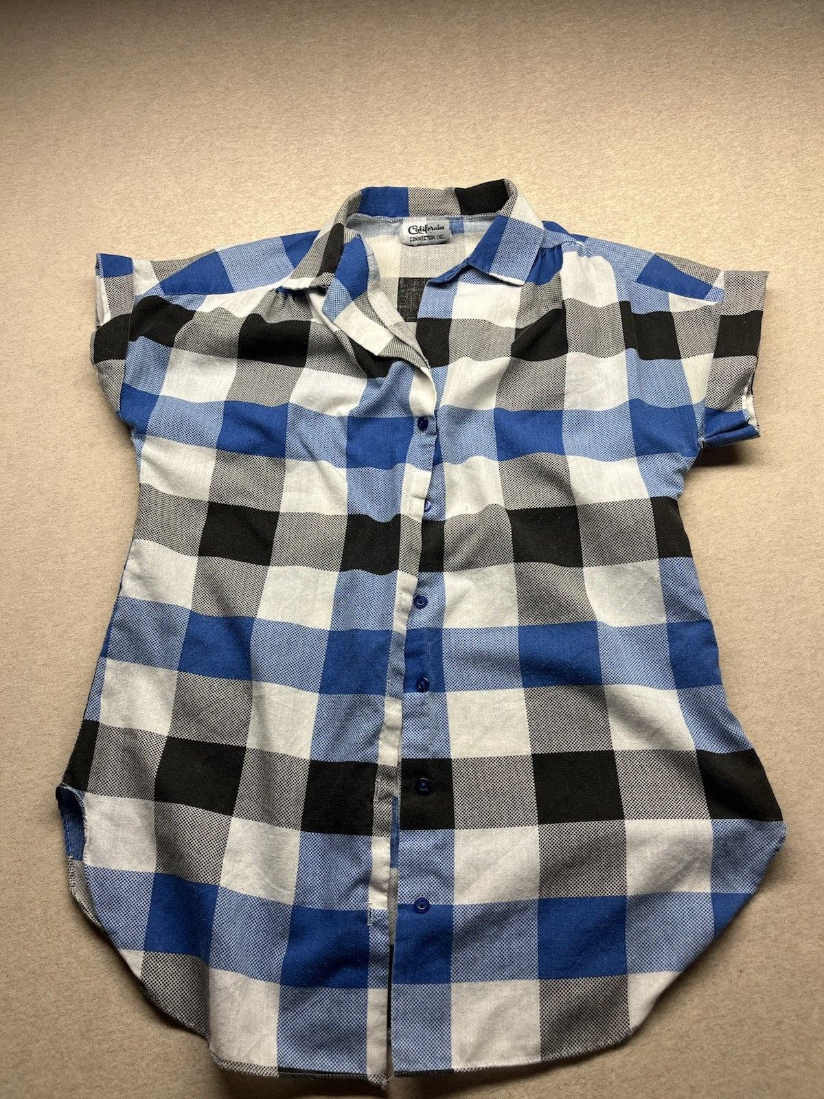 1980s Women’s Blue & Blk Checked Cotton S Sleeve Top