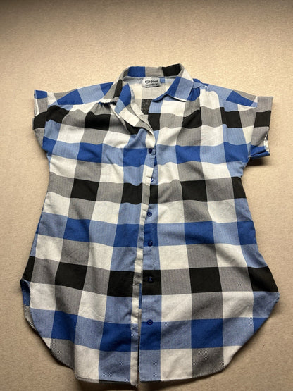 1980s Women’s Blue & Blk Checked Cotton S Sleeve Top