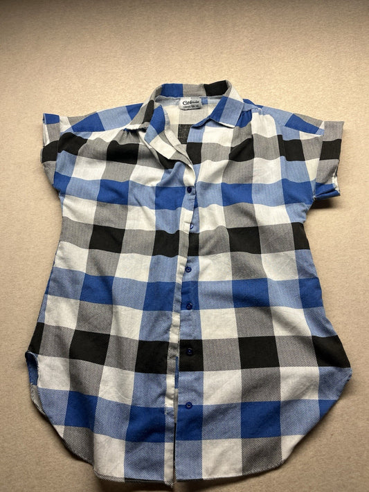 1980s Women’s Blue & Blk Checked Cotton S Sleeve Top