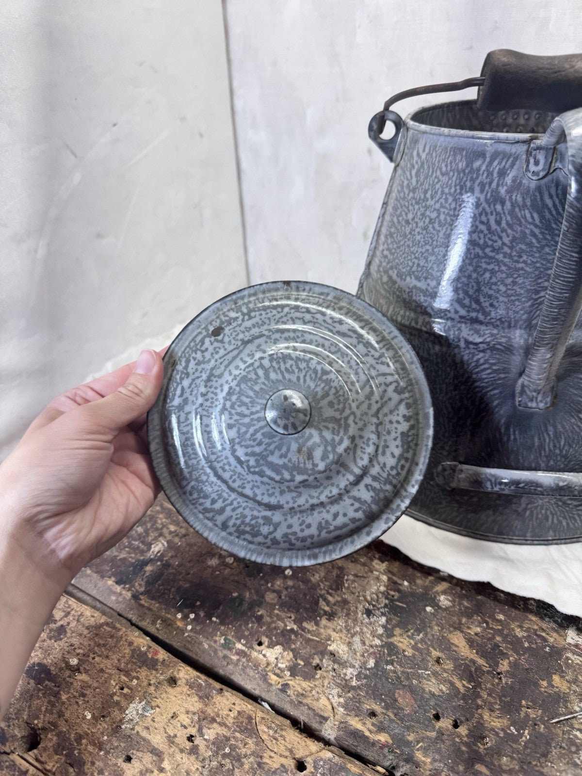 Medium Gray Swirl Enamelware Coffee Pot Vintage  #S-1836