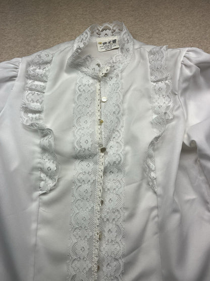 1960s, 70s Women’s L Sleeve White Nylon Ruffled Shirt