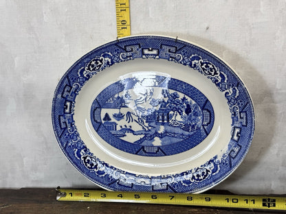Blue Willow Pagoda Homer Laughlin Porcelain China Serving Platter Oval Plate