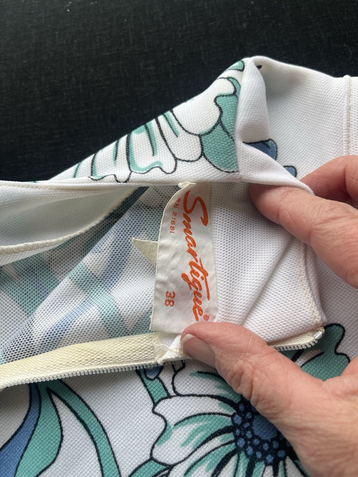 1960s, 70s Women’s Smartique Blue Flowered Sleeveless Knit Shirt