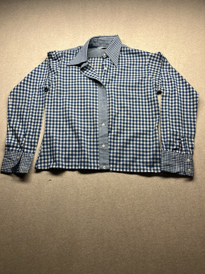 1960s, 70s Women’s Blue Checked L Sleeve Cotton Top