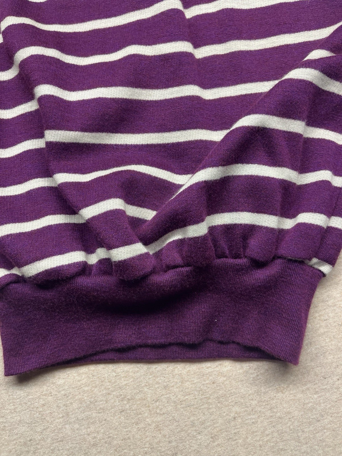 1970s, 80s Women’s Purple & Wht Striped L Sleeve Sweater Padded Shoulders