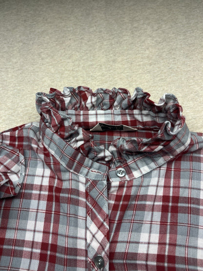 1970s Women’s Ruffled Red & Grey Flannel L Sleeve Top