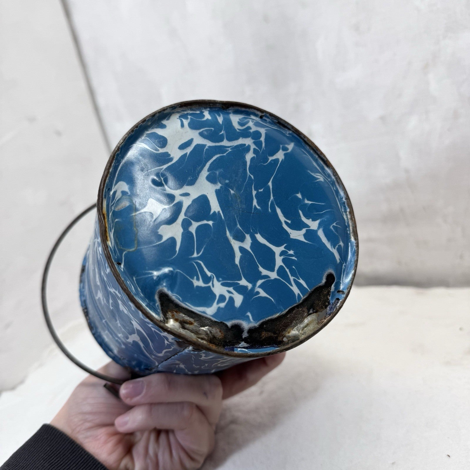Blue White Swirl Mottled Splatter Enamelware Mini Berry Bucket Vintage